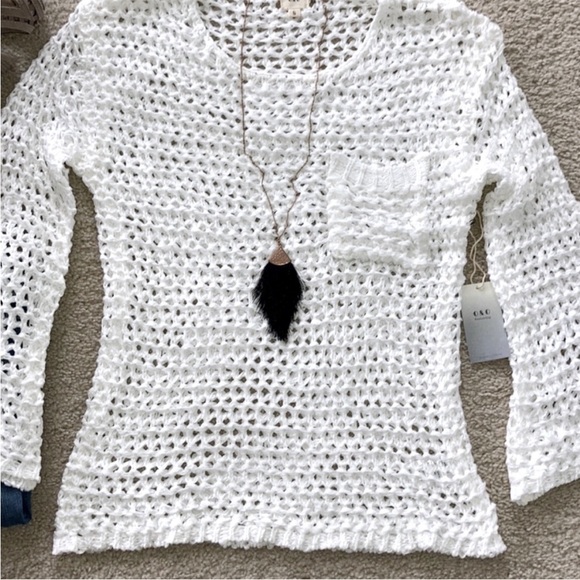 White Open Weave, Bell Sleeve Sweater - Picture 3 of 6